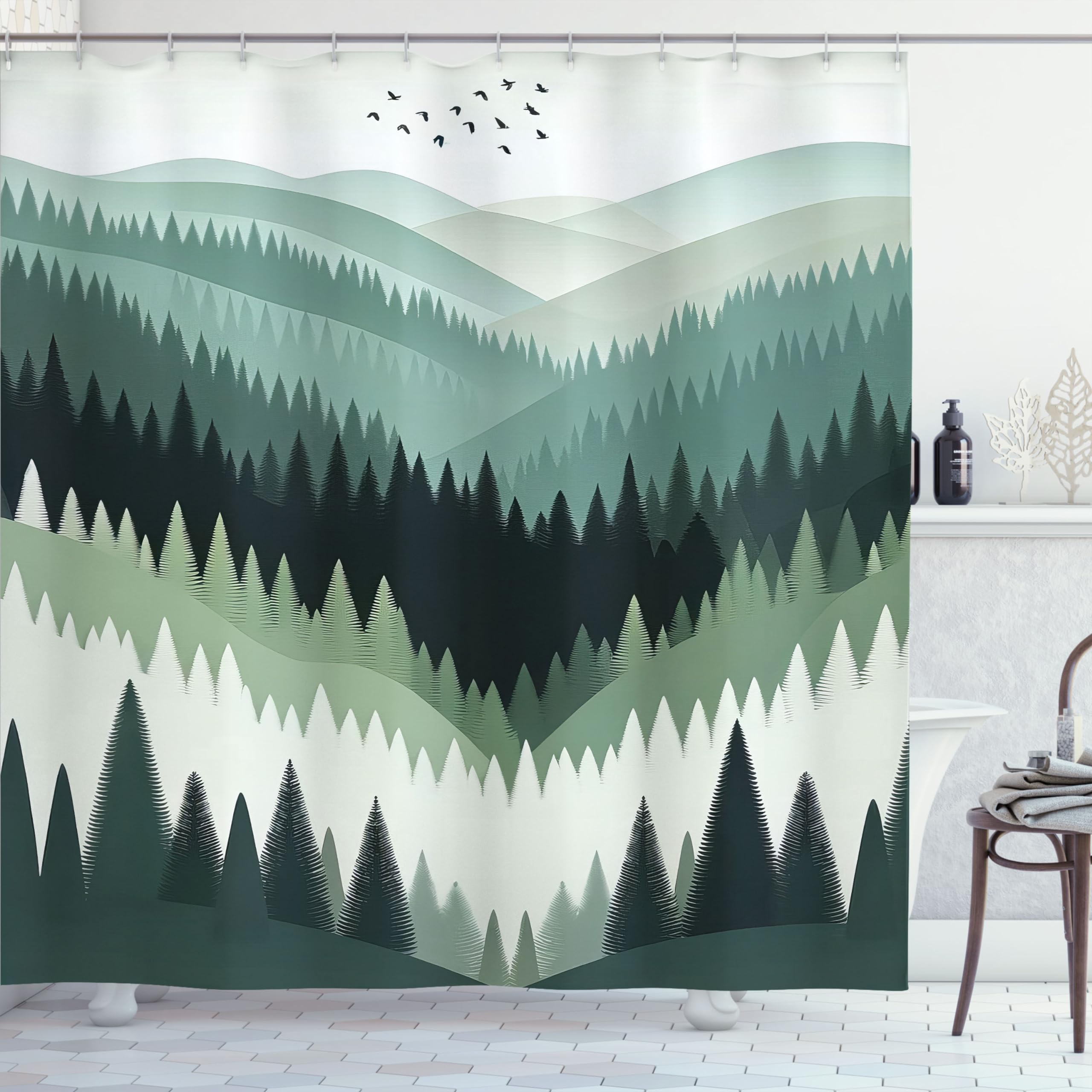 Ambesonne Green Shower Curtain, Bohemian Nature Themed Woodland Valley With Jade Tones Modern Scandinavian, Cloth Fabric Bathroo